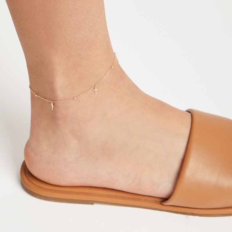 Semi-Solid Cross Station Anklet 10K Yellow Gold 10"