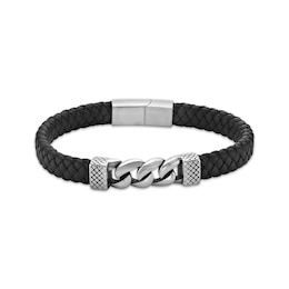 Men's Black Leather & Curb Chain Bracelet Stainless Steel 8.5"