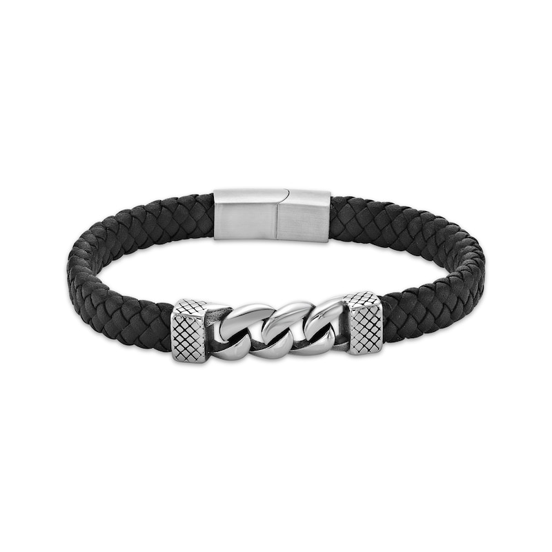 Main Image 1 of Men's Black Leather & Curb Chain Bracelet Stainless Steel 8.5&quot;
