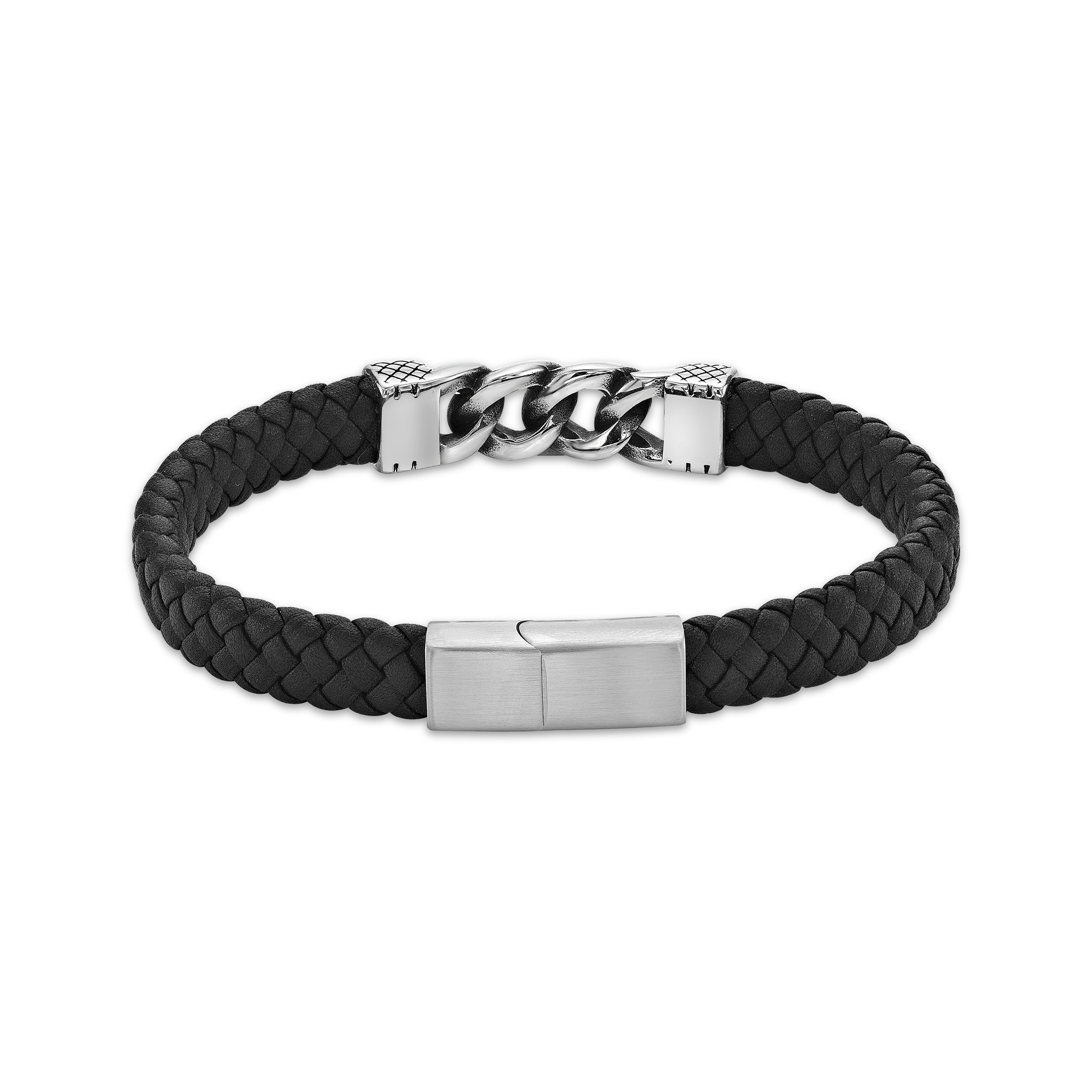 Thumbnail Image 2 of Men's Black Leather & Curb Chain Bracelet Stainless Steel 8.5&quot;