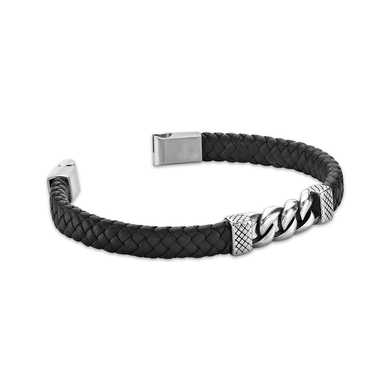 Main Image 3 of Men's Black Leather & Curb Chain Bracelet Stainless Steel 8.5&quot;