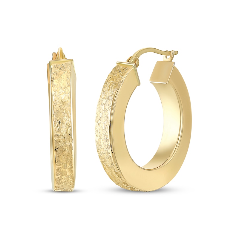 Reaura Square-Edge Textured Hoop Earrings Repurposed 14K Yellow Gold 26mm