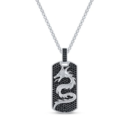 Men's Black Diamond Dragon Dog Tag Necklace 1 ct tw Sterling Silver 22"
