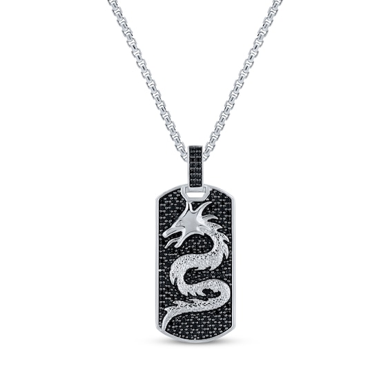 Men's Black Diamond Dragon Dog Tag Necklace 1 ct tw Sterling Silver 22"