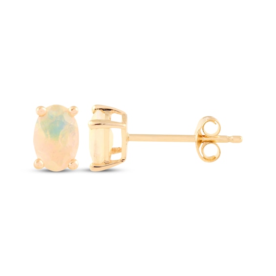 Oval-Cut Opal Solitaire Stud Earrings 14K Yellow Gold