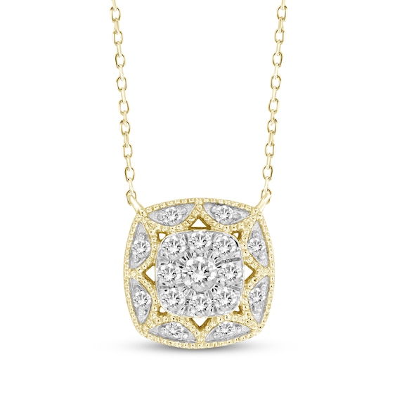 Multi-Diamond Cushion-Shaped Milgrain Frame Necklace 1/5 ct tw 10K Yellow Gold