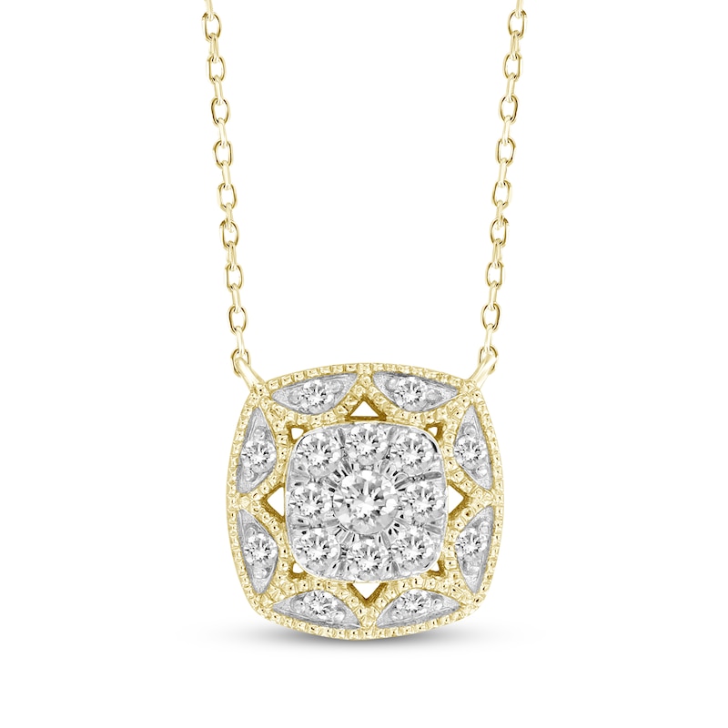 Main Image 1 of Multi-Diamond Cushion-Shaped Milgrain Frame Necklace 1/5 ct tw 10K Yellow Gold