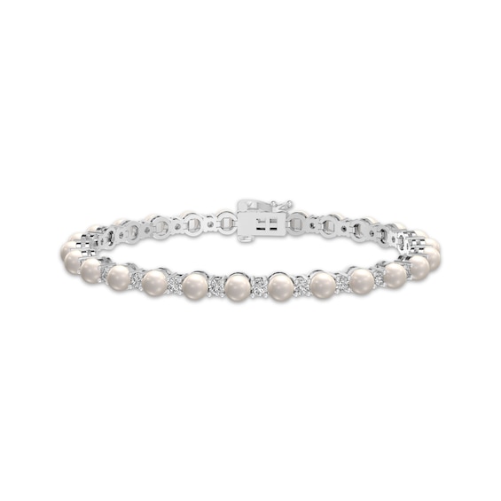 Cultured Pearl & White Lab-Created Sapphire Line Bracelet Sterling Silver 7.25"