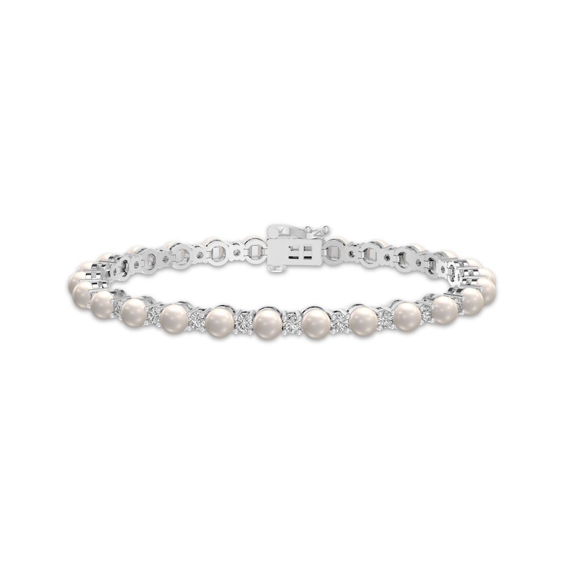 Main Image 1 of Cultured Pearl & White Lab-Created Sapphire Line Bracelet Sterling Silver 7.25&quot;