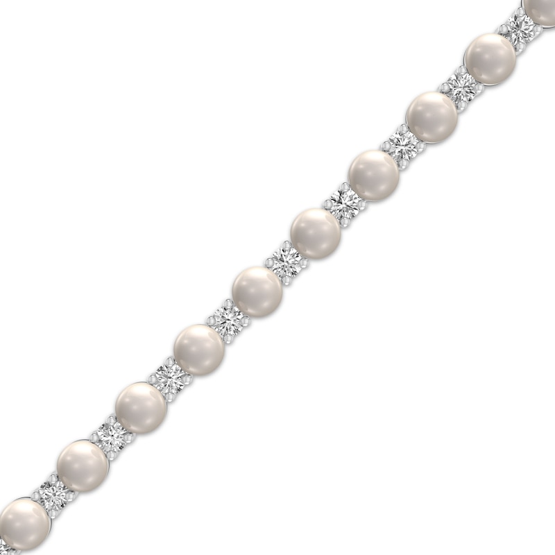 Main Image 2 of Cultured Pearl & White Lab-Created Sapphire Line Bracelet Sterling Silver 7.25&quot;