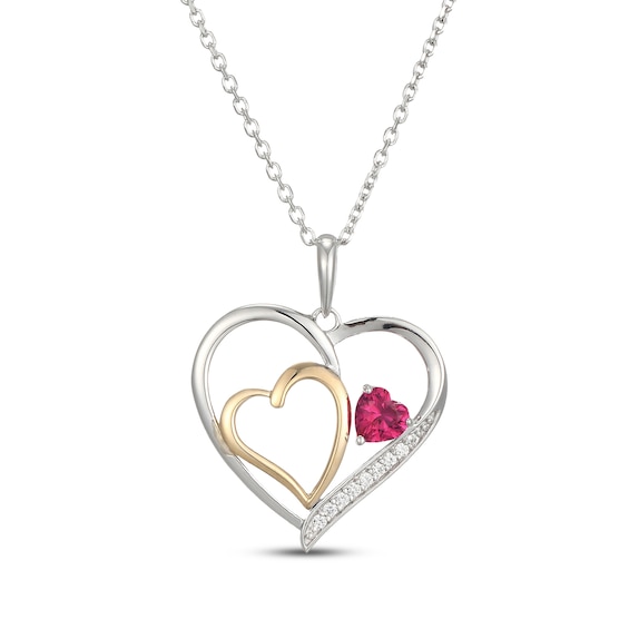 Heart-Shaped Lab-Created Ruby & White Lab-Created Sapphire Necklace Sterling Silver & 10K Yellow Gold