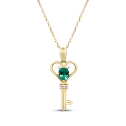 Oval-Cut Emerald & Diamond Accent Key Necklace 10K Yellow Gold 18"