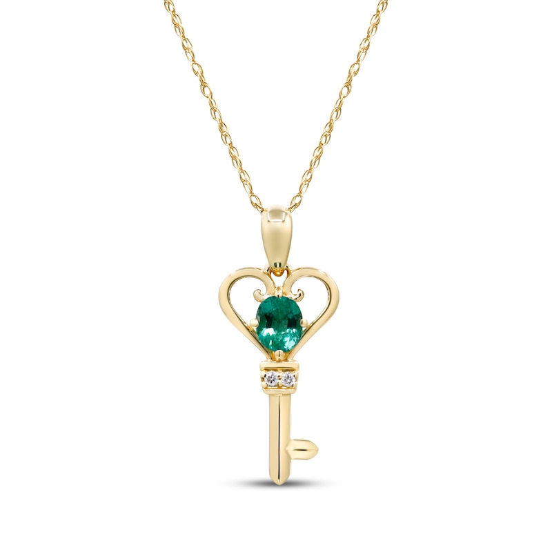 Main Image 1 of Oval-Cut Emerald & Diamond Accent Key Necklace 10K Yellow Gold 18&quot;