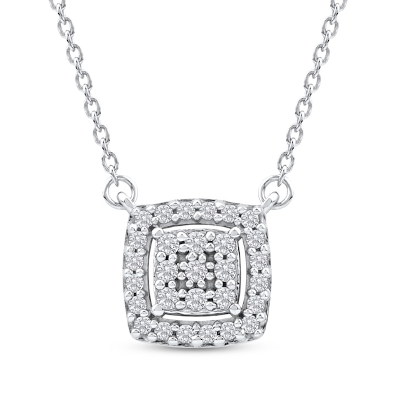Multi-Diamond Cushion Halo Necklace 1/6 ct tw 10K White Gold 18"