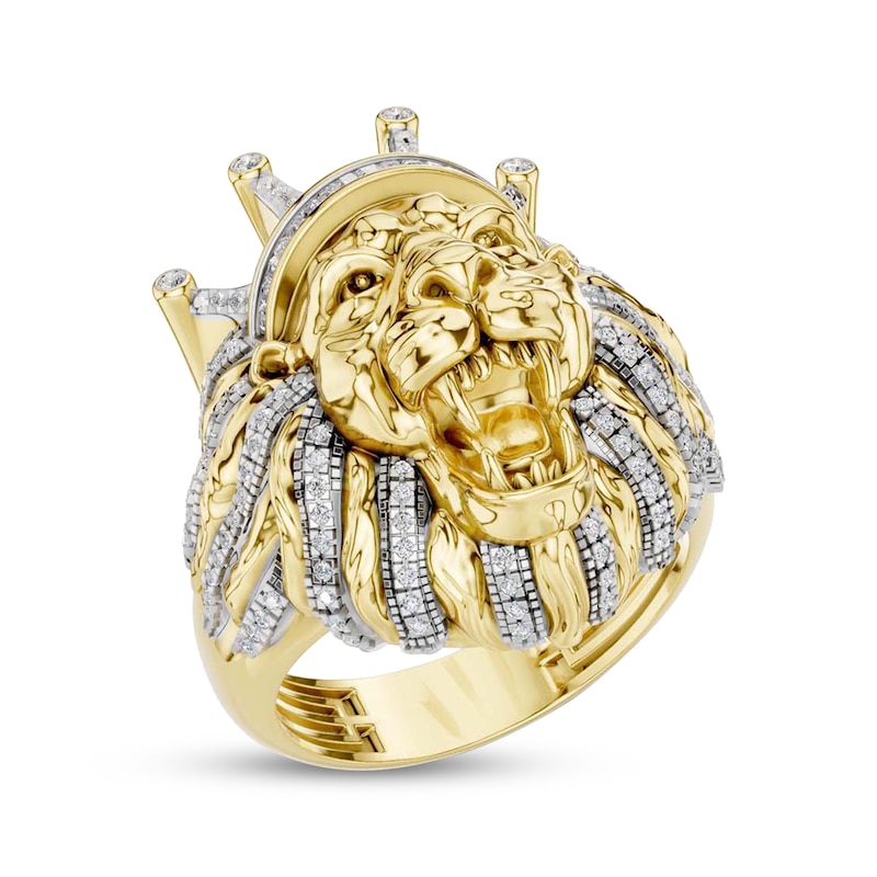 Main Image 2 of Men's Diamond Lion's Head With Crown Ring 1/2 ct tw 10K Yellow Gold