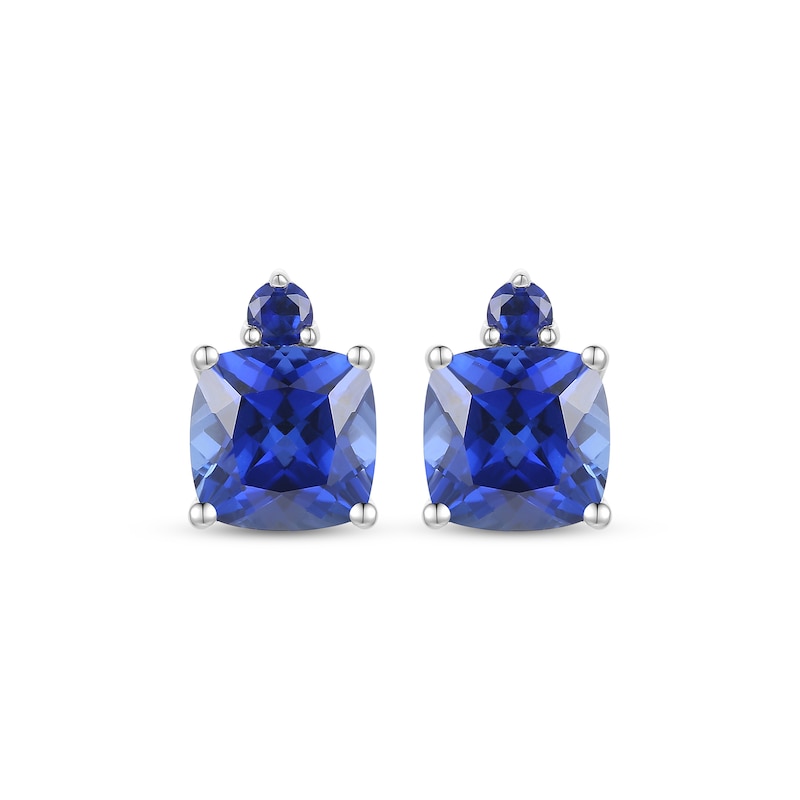 Main Image 2 of Cushion & Round-Cut Blue Lab-Created Sapphire Stud Earrings 10K White Gold