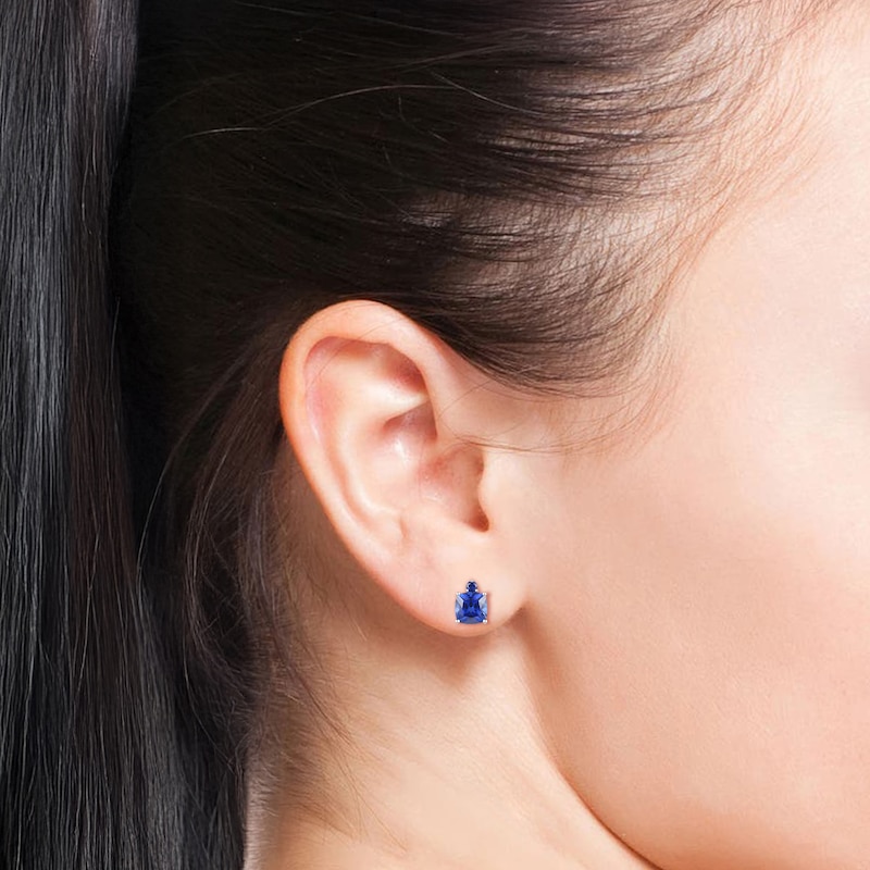 Main Image 3 of Cushion & Round-Cut Blue Lab-Created Sapphire Stud Earrings 10K White Gold