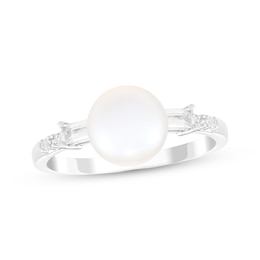 Cultured Pearl & White Lab-Created Sapphire Ring Sterling Silver