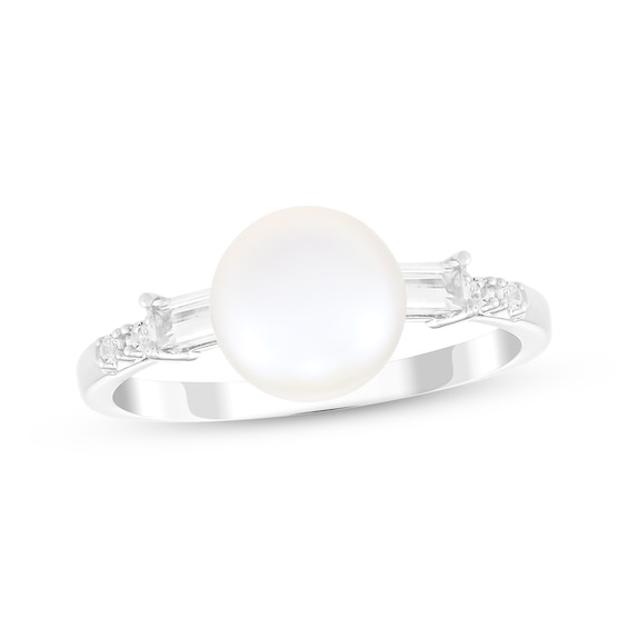 Cultured Pearl & White Lab-Created Sapphire Ring Sterling Silver