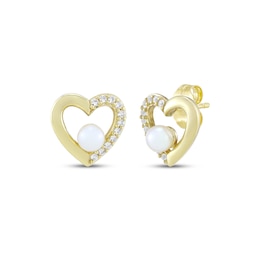 Cultured Pearl & White Lab-Created Sapphire Heart Outline Stud Earrings 10K Yellow Gold