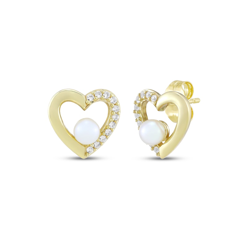 Main Image 1 of Cultured Pearl & White Lab-Created Sapphire Heart Outline Stud Earrings 10K Yellow Gold