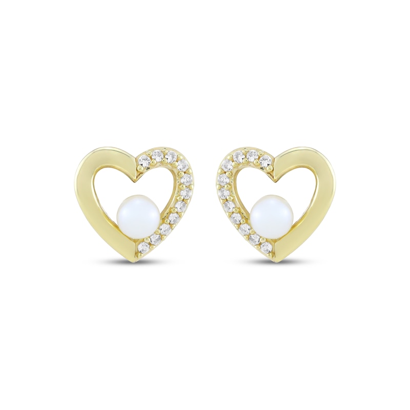 Main Image 2 of Cultured Pearl & White Lab-Created Sapphire Heart Outline Stud Earrings 10K Yellow Gold