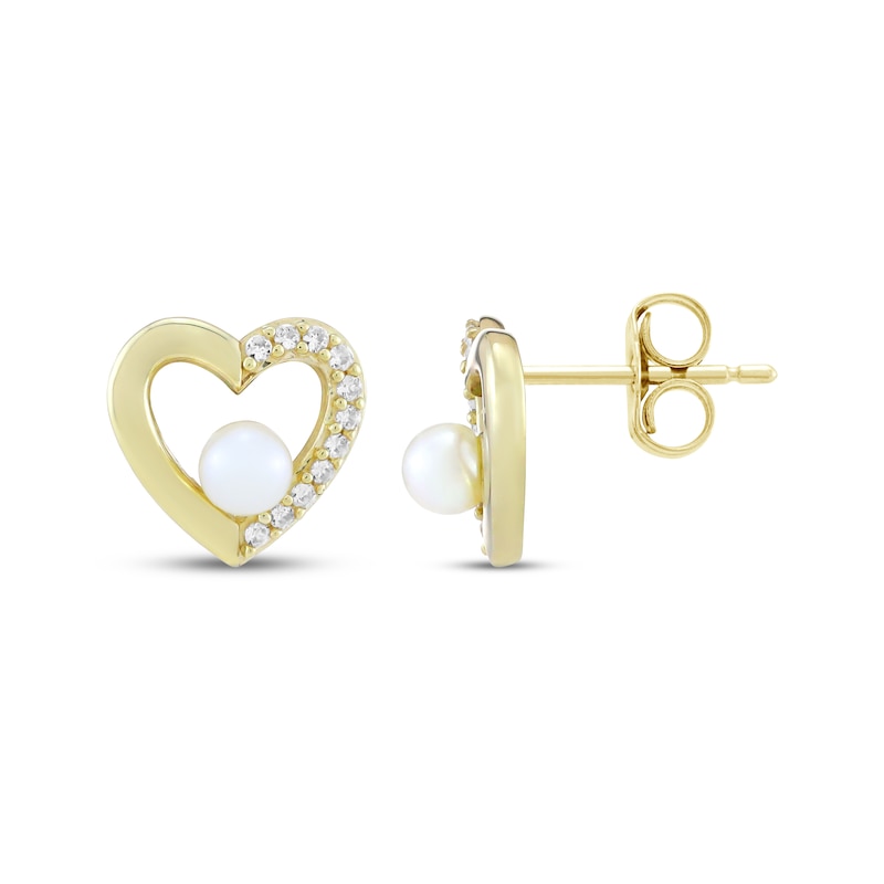 Main Image 3 of Cultured Pearl & White Lab-Created Sapphire Heart Outline Stud Earrings 10K Yellow Gold