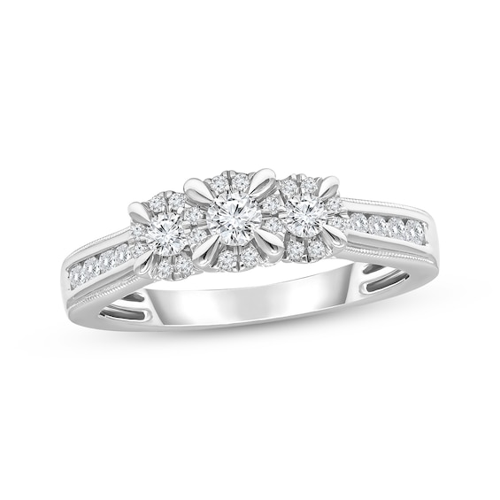 Memories Moments Magic Round-Cut Diamond Three-Stone Engagement Ring 1/2 ct tw 10K White Gold