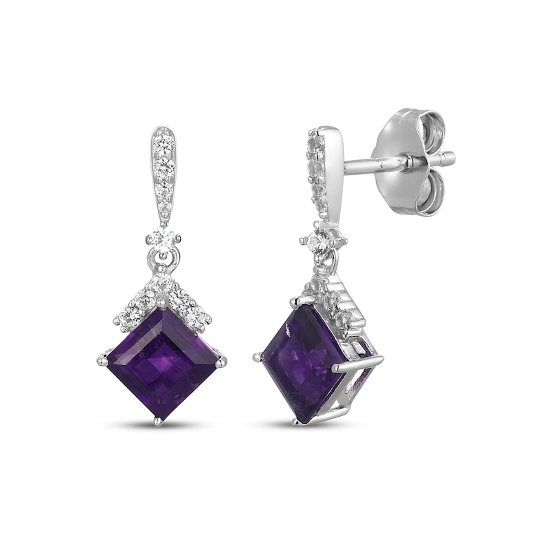 Main Image 1 of Square-Cut Amethyst & White Lab-Created Sapphire Drop Earrings Sterling Silver