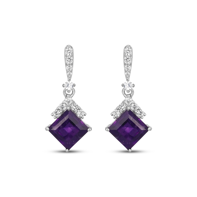 Main Image 2 of Square-Cut Amethyst & White Lab-Created Sapphire Drop Earrings Sterling Silver