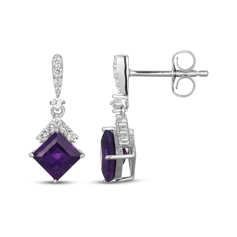 Main Image 3 of Square-Cut Amethyst & White Lab-Created Sapphire Drop Earrings Sterling Silver