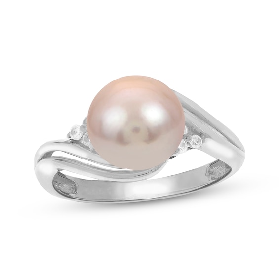 Pink Cultured Pearl & White Topaz Ring Sterling Silver