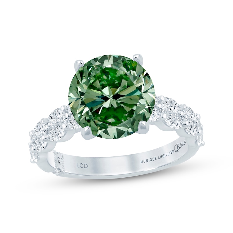 Main Image 1 of Monique Lhuillier Bliss Round-Cut Green & White Lab-Grown Diamond Engagement Ring 3-3/4 ct tw 18K White Gold