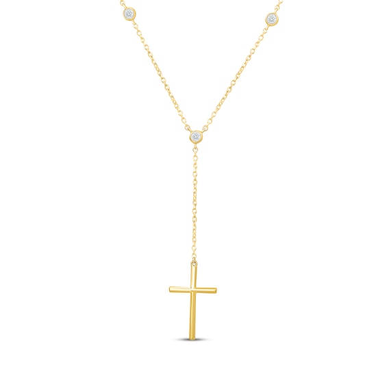 Diamond Cross Y-Drop Station Necklace 1/10 ct tw 18K Yellow Gold Vermeil Sterling Silver 18"