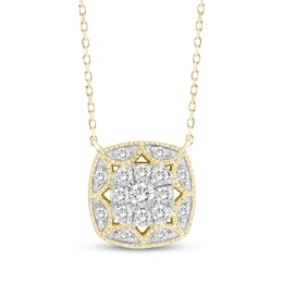 Multi-Diamond Cushion-Shaped Milgrain Frame Necklace 1/5 ct tw 10K Yellow Gold