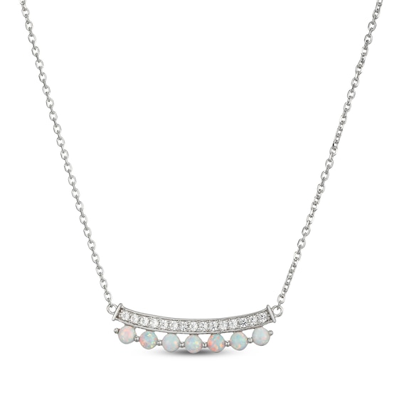 Lab-Created Opal & White Lab-Created Sapphire Curved Bar Necklace Sterling Silver