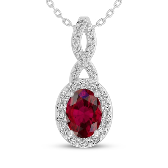 Oval-Cut Lab-Created Ruby & White Lab-Created Sapphire Halo Twist Drop Necklace Sterling Silver 18"