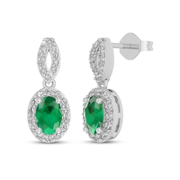 Oval-Cut Lab-Created Emerald & White Lab-Created Sapphire Halo Drop Earrings Sterling Silver