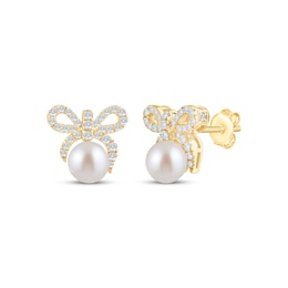 Monique Lhuillier Bliss Certified Lab-Grown Diamond & Cultured Pearl Bow Earrings 1/4 ct tw 24K Yellow Gold Vermeil Sterling Silver