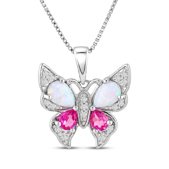 Lab-Created Opal, Pink & White Lab-Created Sapphire Butterfly Necklace Sterling Silver 18"