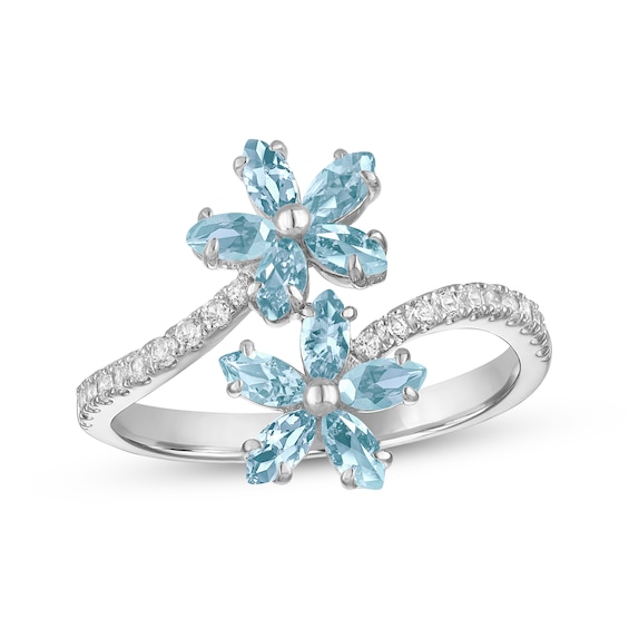 Marquise-Cut Natural Aquamarine & White Lab-Created Sapphire Flower Bypass Ring Sterling Silver