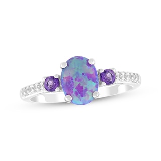 Oval-Shaped Lavender Lab-Created Opal, Natural Amethyst & White Lab-Created Sapphire Ring Sterling Silver