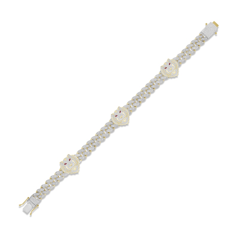 Men's Diamond & Lab-Created Ruby Tiger Head Bracelet 1-1/4 ct tw 10K Yellow Gold 8.5"