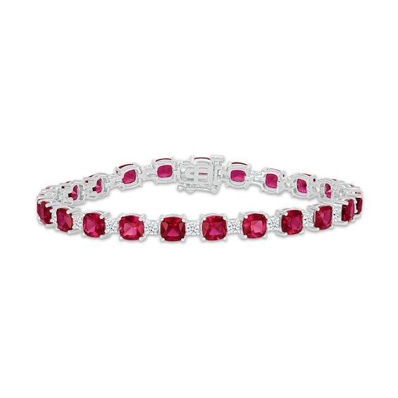 Cushion-Cut Lab-Created Ruby & Round-Cut White Lab-Created Sapphire Bracelet Sterling Silver 7.25”