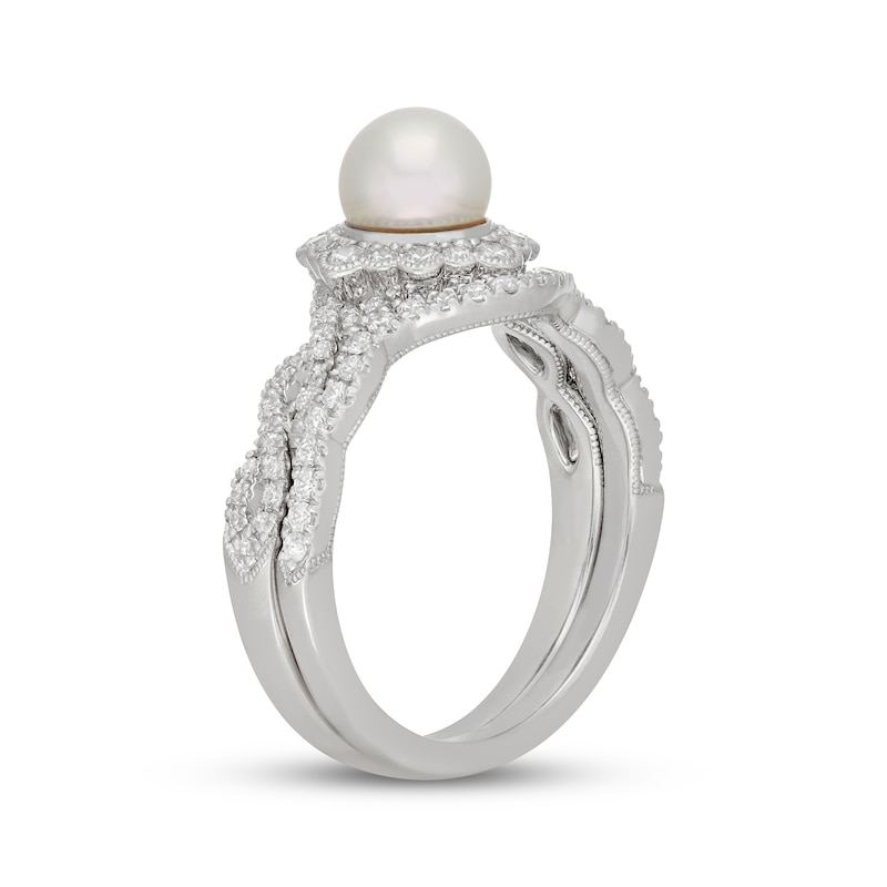 Main Image 2 of Neil Lane Akoya Cultured Pearl & Diamond Halo Bridal Set 1/2 ct tw 14K White Gold