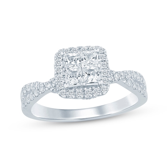 Princess-Cut Quad Diamond Cushion Halo Engagement Ring 1 ct tw 14K White Gold