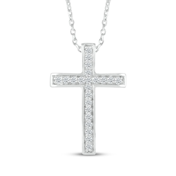 Diamond Domed Cross Necklace 1/10 ct 10K White Gold 18"