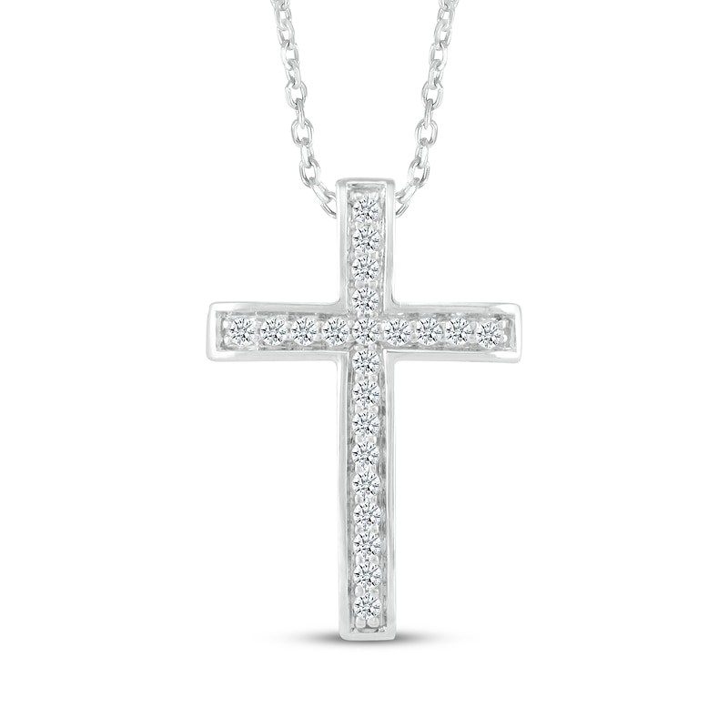 Main Image 1 of Diamond Domed Cross Necklace 1/10 ct 10K White Gold 18"