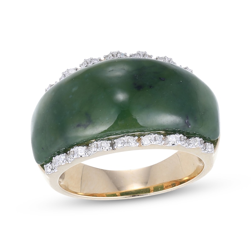 Main Image 1 of Nephrite Jade & Diamond Scallop Edge Ring 1/6 ct tw 14K Yellow Gold