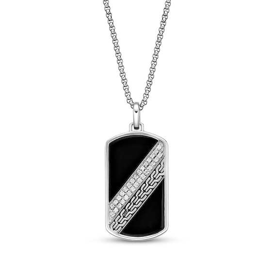 Men's Black Onyx & Diamond Dog Tag Necklace 1/4 ct tw Sterling Silver 24"